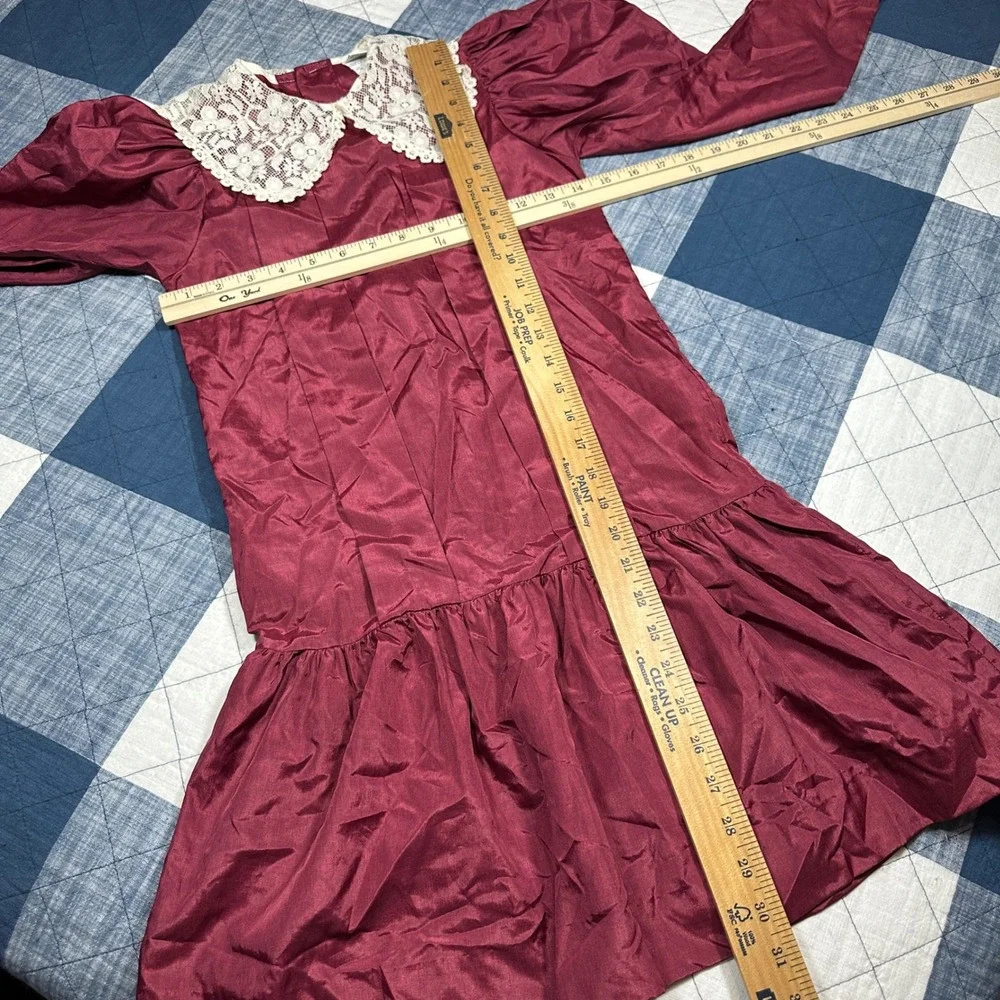 Vintage Peaches n Cream Burgundy Lace Collar Drop Waist Dress Kids Size 10 4702H